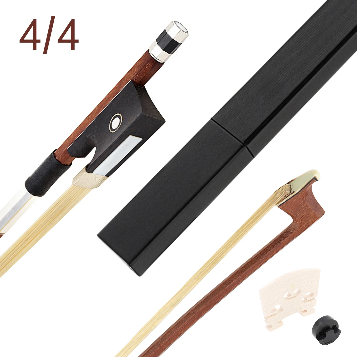 4/4 Full Size Fiddle / Violin Brazilwood Bow with White Horsehair and an Ebony Frog. Includes Hardcover Box, Rubber Mute and Maple Bridge.