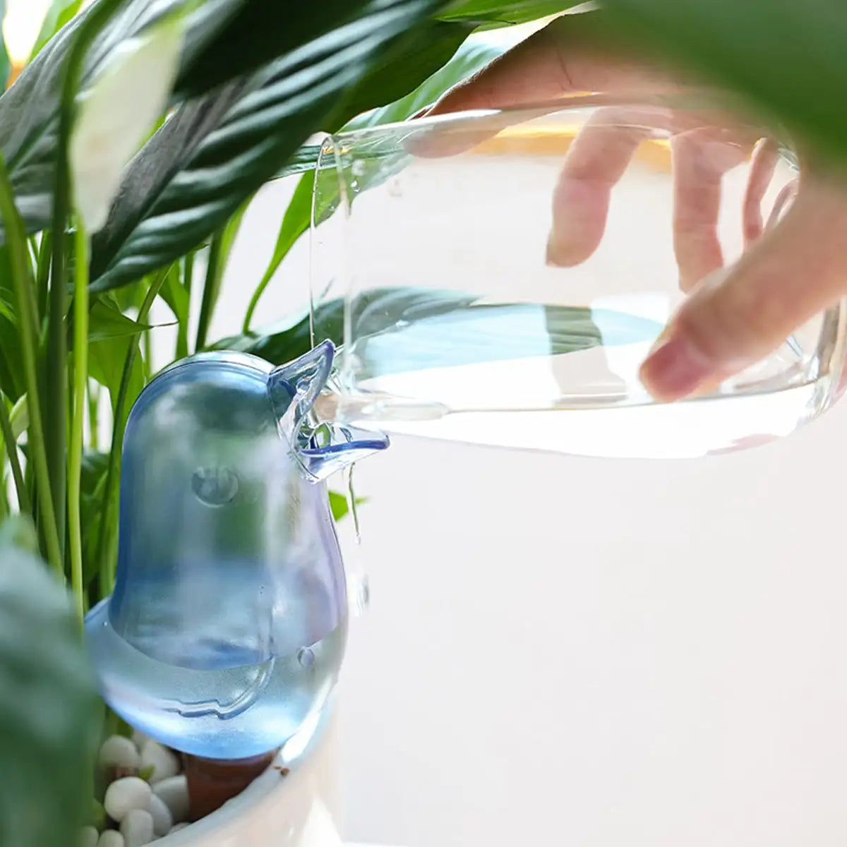 High quality hand blown bird shaped plastic plant self watering system.
