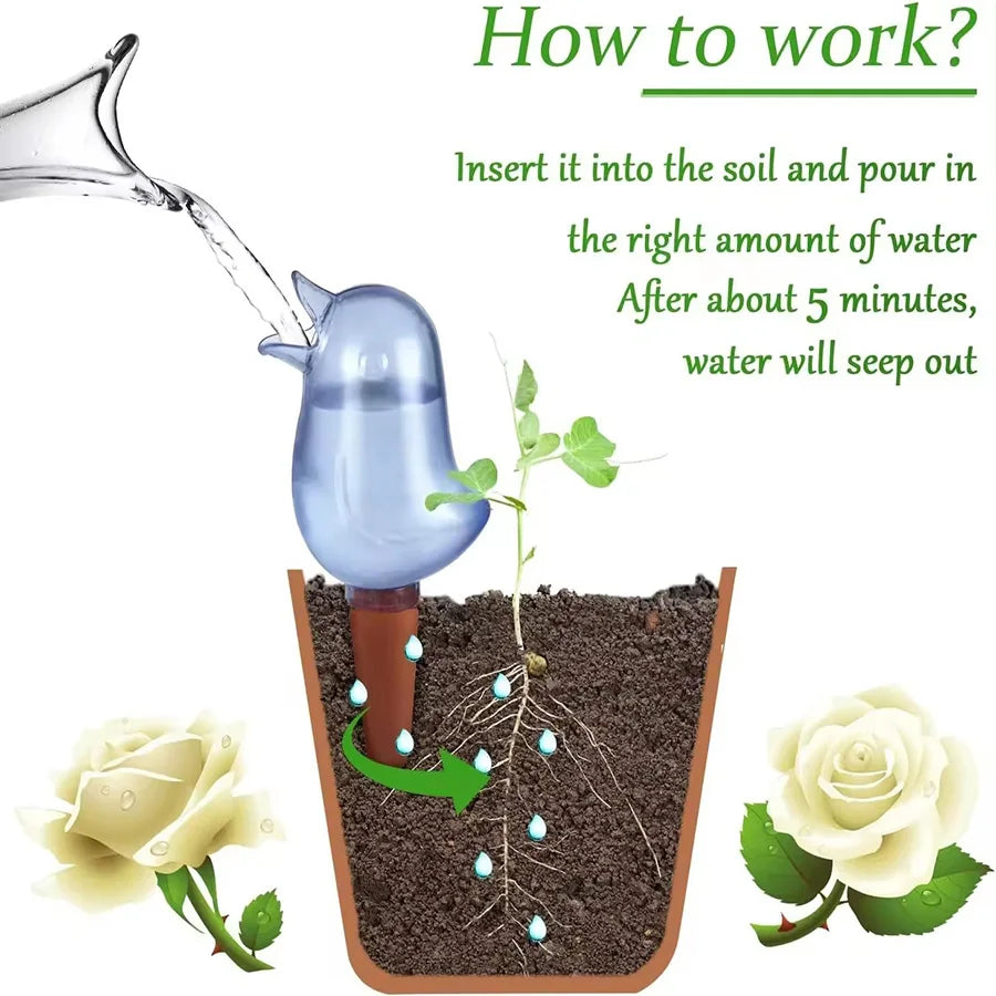 High quality hand blown bird shaped plastic plant self watering system.