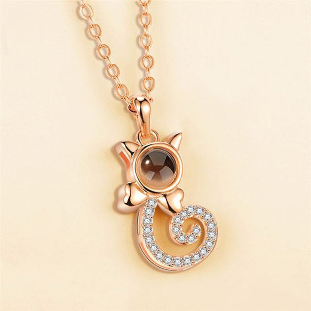 S925 Silver Personalized Gift Cat Shape Customized Photo Projection Necklace