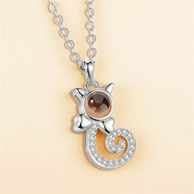 S925 Silver Personalized Gift Cat Shape Customized Photo Projection Necklace