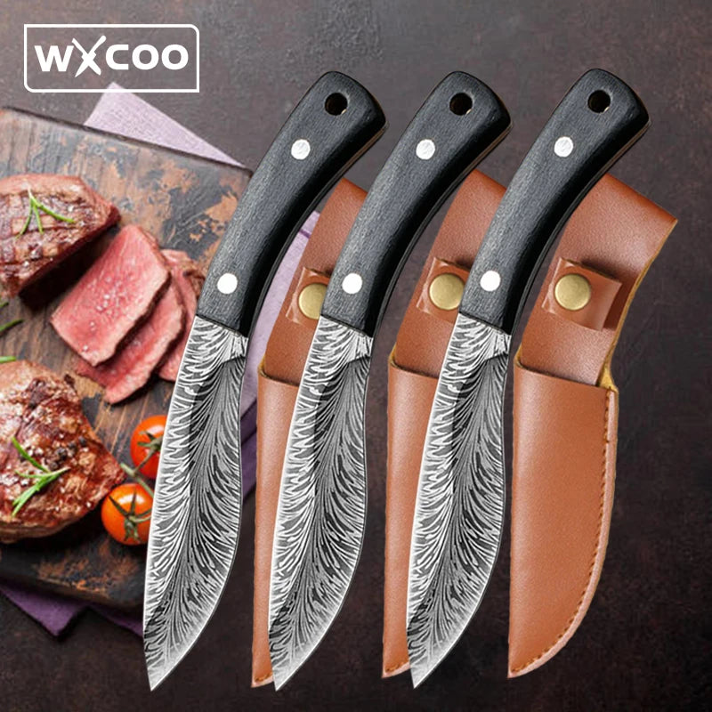 Handmade Forged Knife Butcher Boning Knife with Sheath Slicing Meat Cleaver Slicing Knives Pocket for Fish Fruit Vegetable