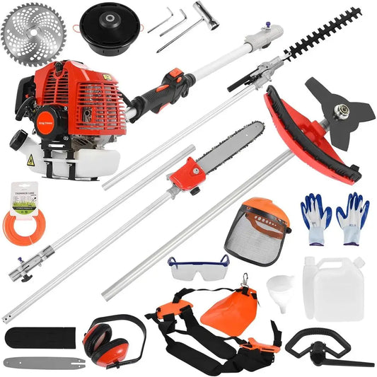 5-in-1 Multi-Function 52cc Hedge Trimmer with Chainsaw, Brush Cutter, and Protective Guard (Red)